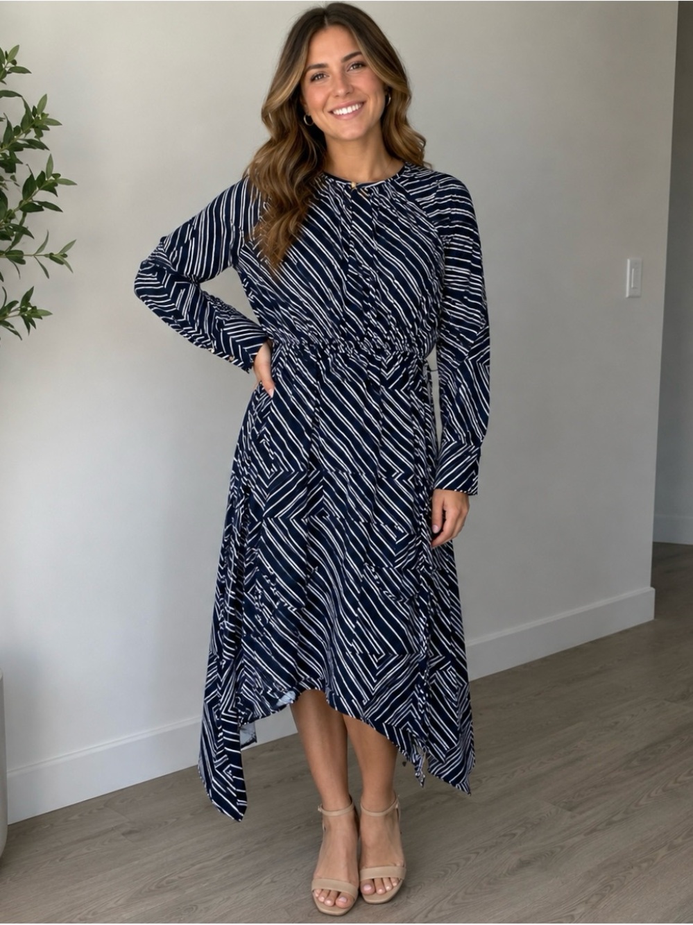 H & M Navy Geometric Long-Sleeve Midi Dress Size 2